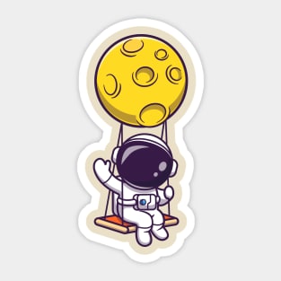 Cute Astronaut Swing On Moon And Waving Hand Cartoon Sticker